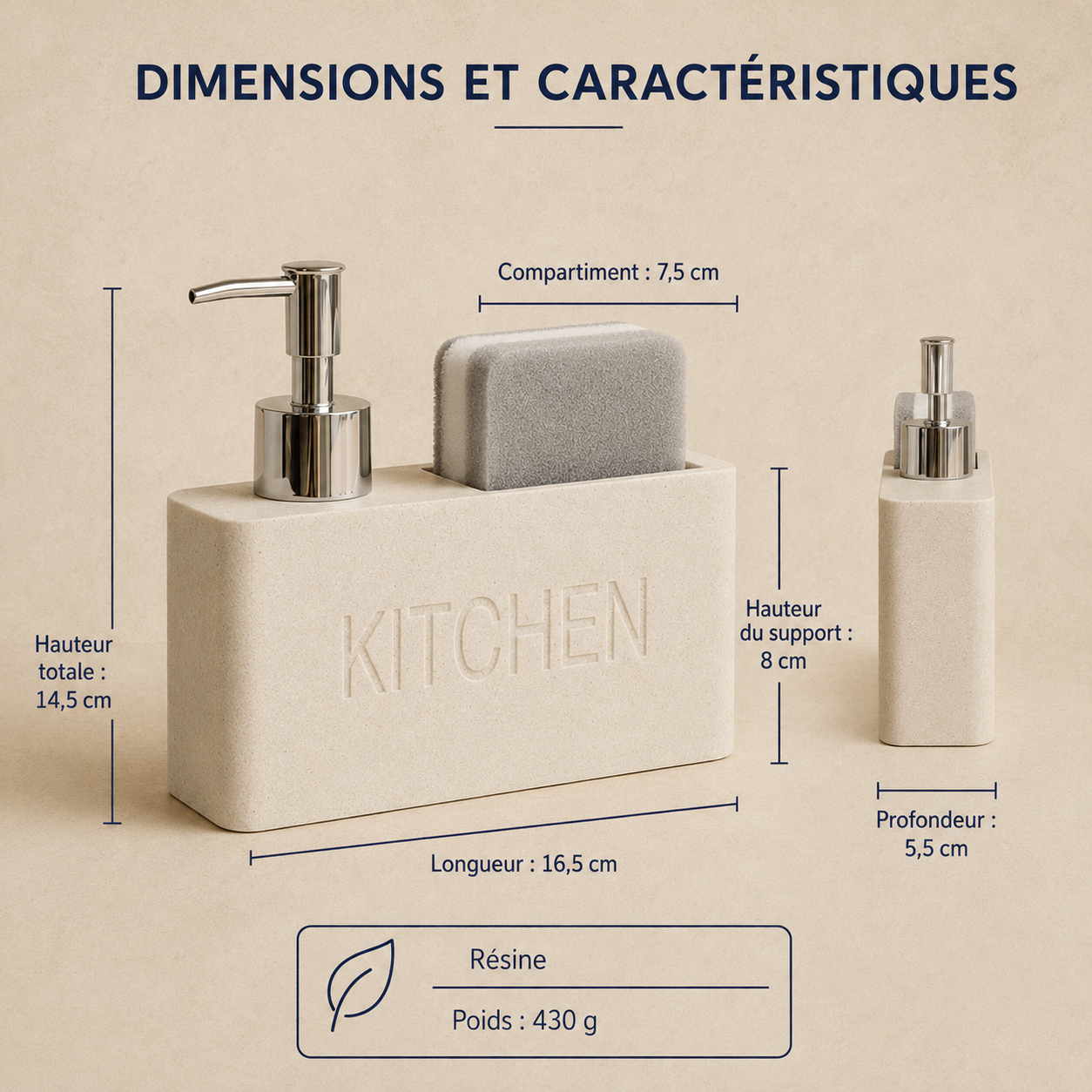 Distributeur de Savon & Porte-Éponge Sable en Résine