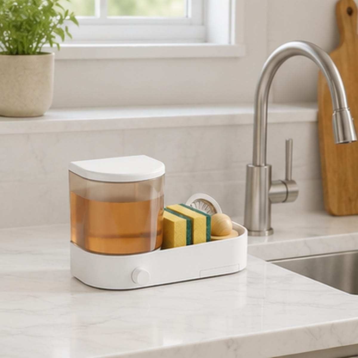Distributeur de savon Mural Blanc avec Porte Éponge