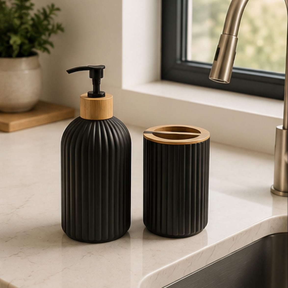 Ensemble de Salle de Bain Noir – Distributeur de Savon & Porte-Brosse à Dents