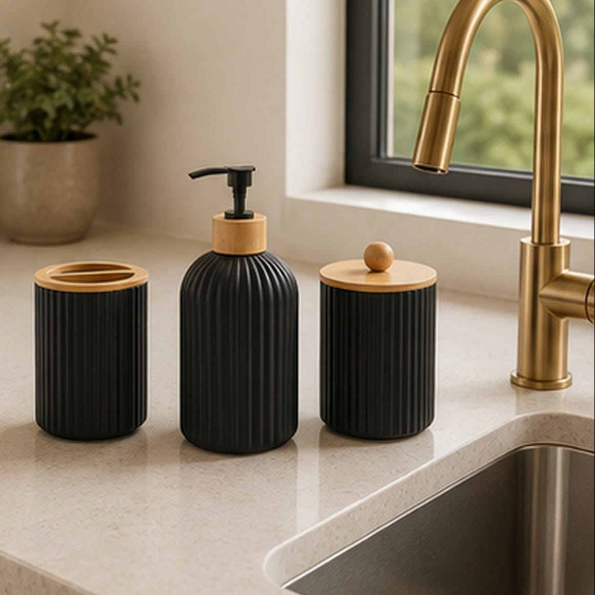 Distributeur de Savon, Porte Brosse à Dents et Porte Coton-tige Noir