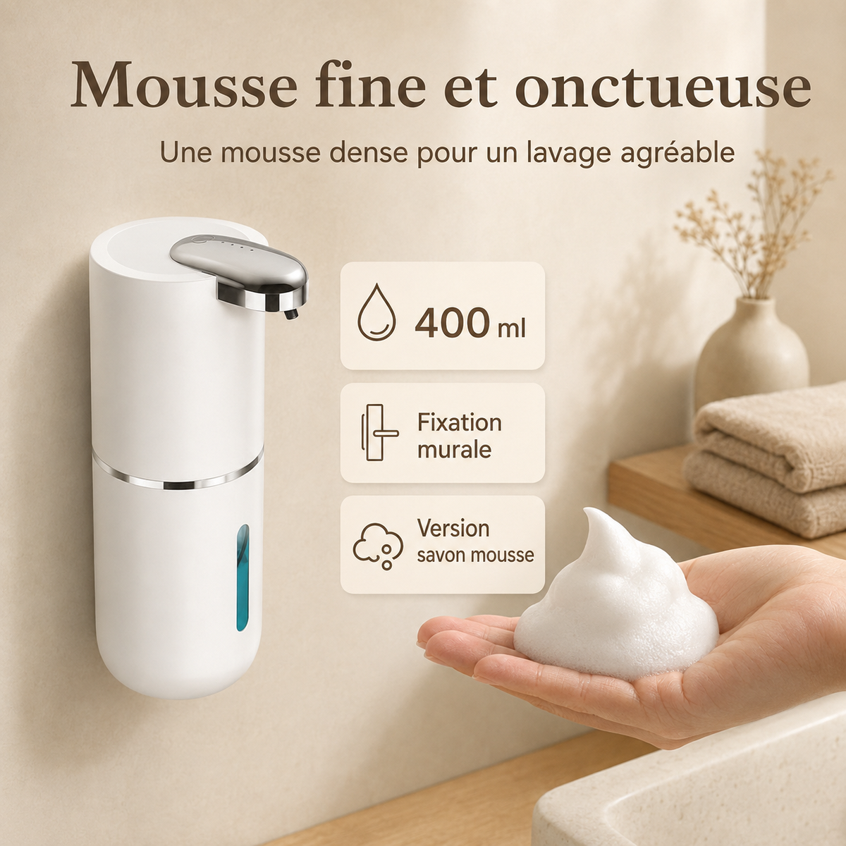 Distributeur automatique de savon mousse blanc rechargeable – 400 ml