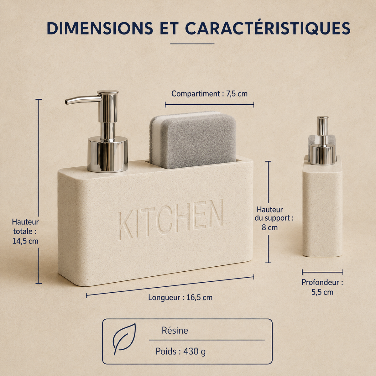 Distributeur de Savon & Porte-Éponge Sable en Résine