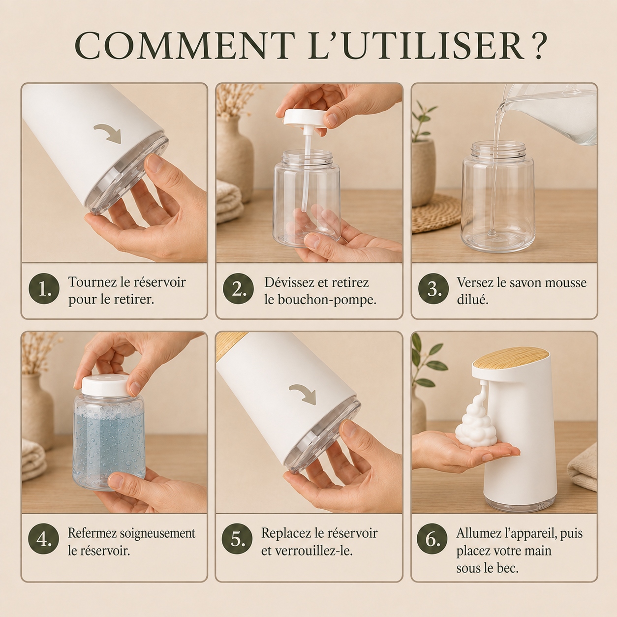 Distributeur Automatique de Savon Mousse Blanc Effet Bois – 450 ml