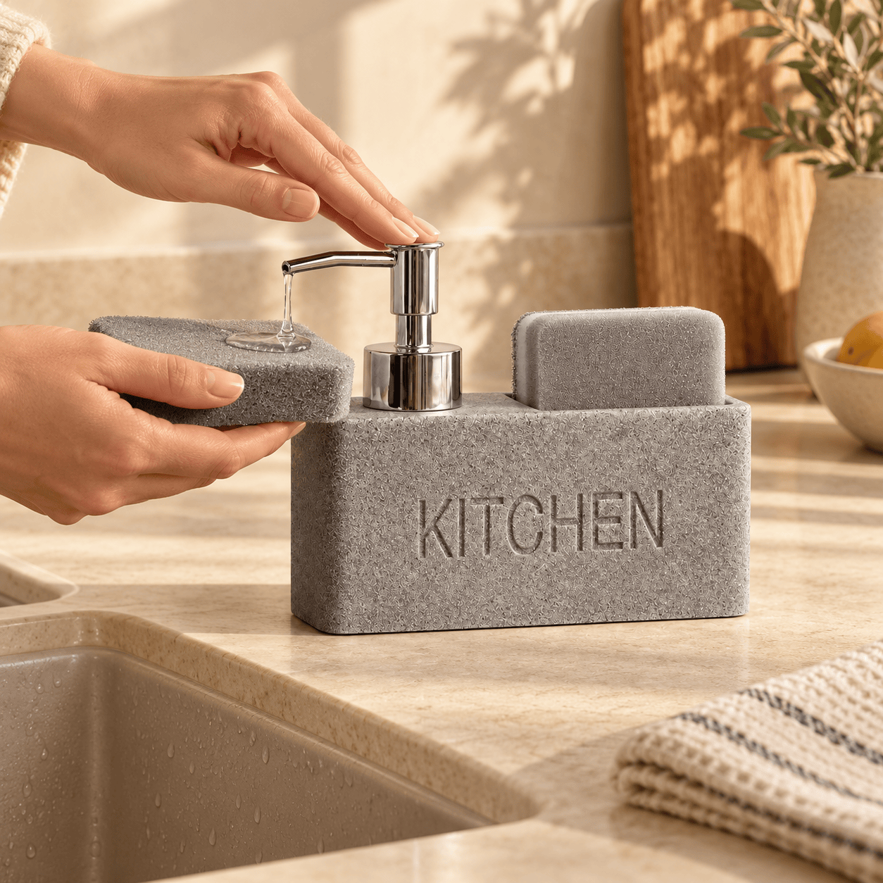 Distributeur de Savon & Porte-Éponge Gris Minéral