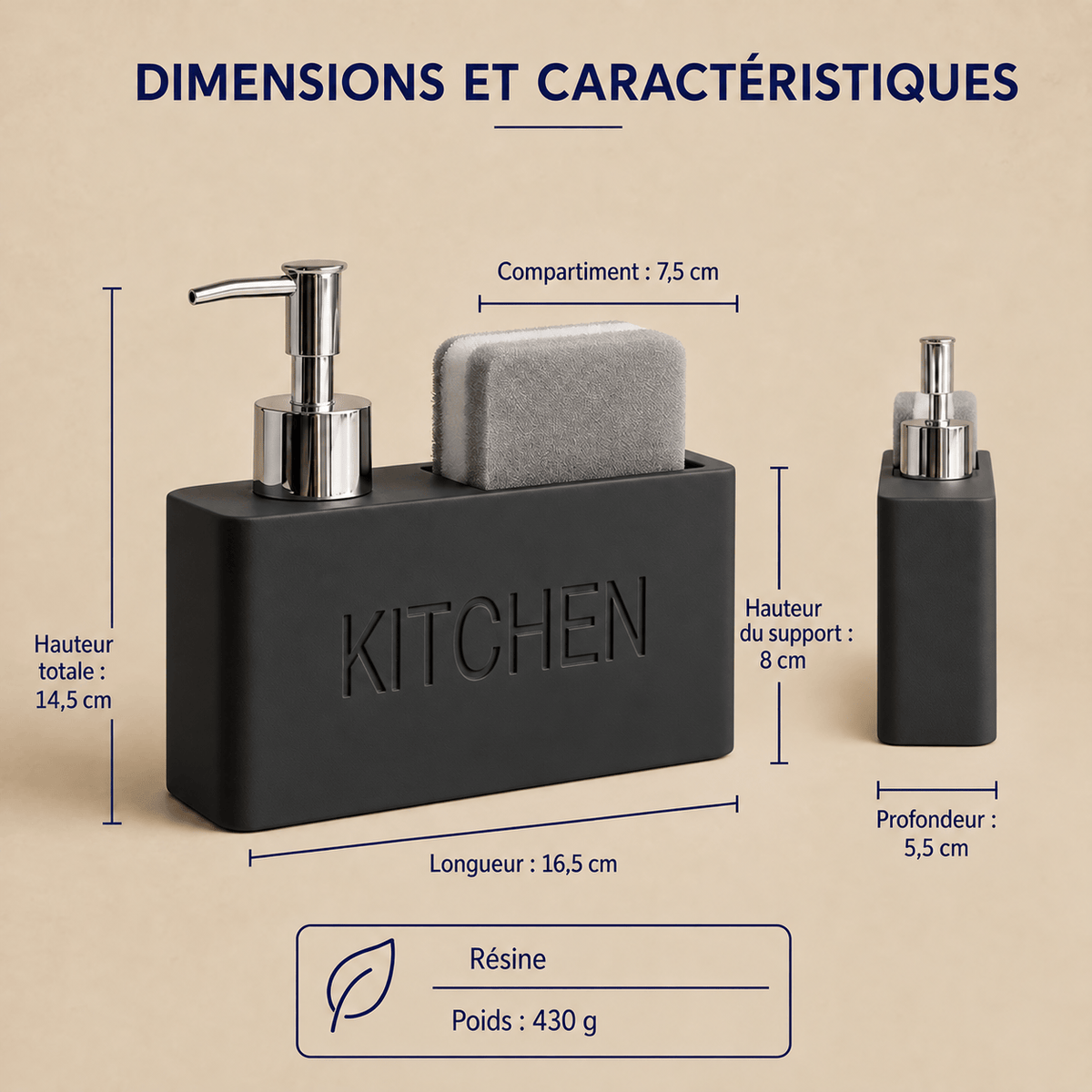 Distributeur de Savon & Porte-Éponge Noir Mat