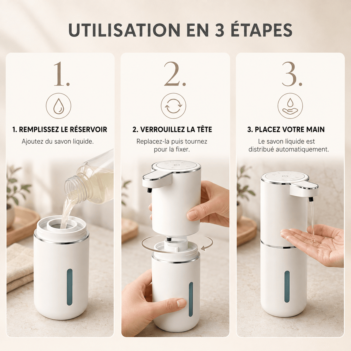Distributeur automatique de savon liquide blanc rechargeable – 380 ml
