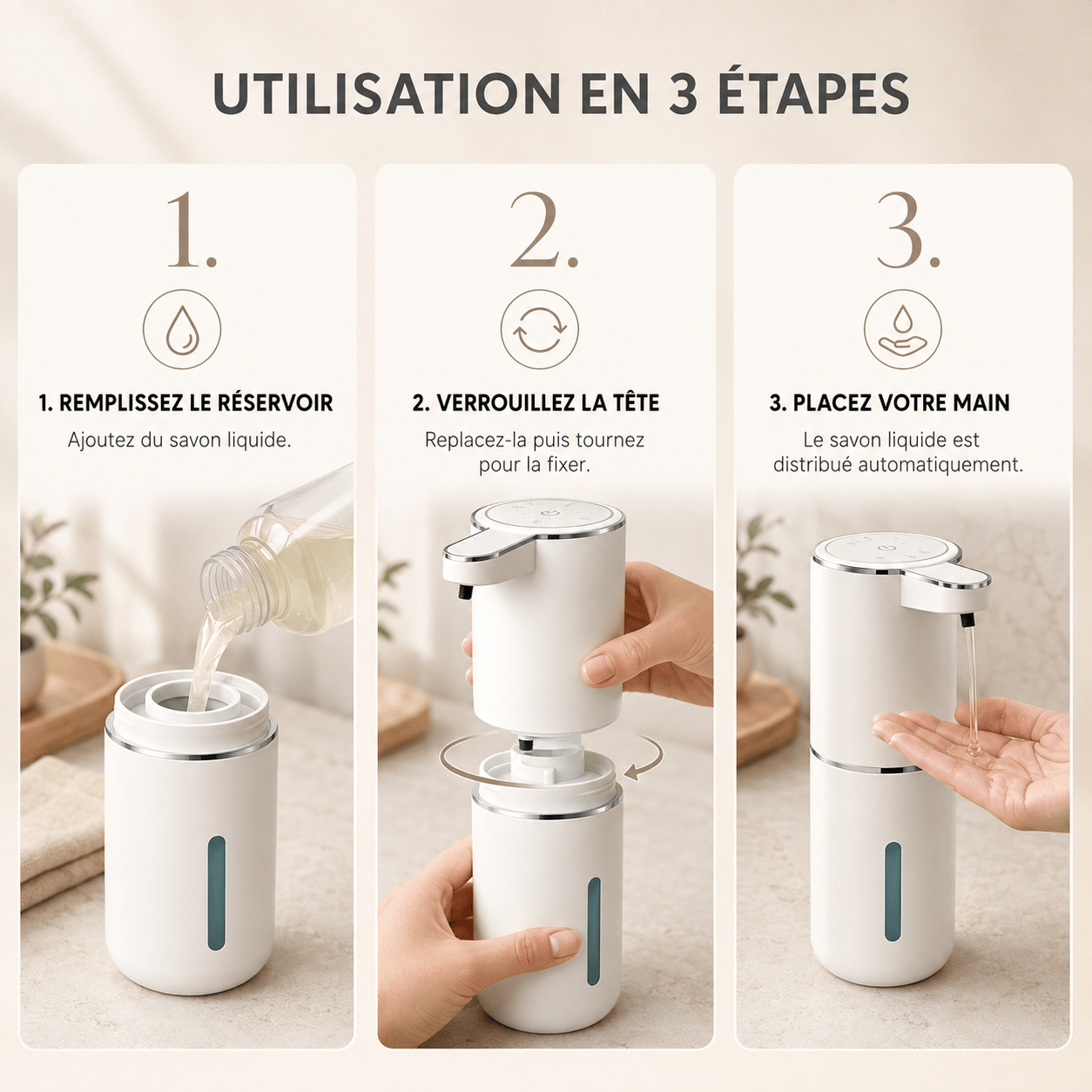 Distributeur automatique de savon liquide blanc rechargeable – 380 ml