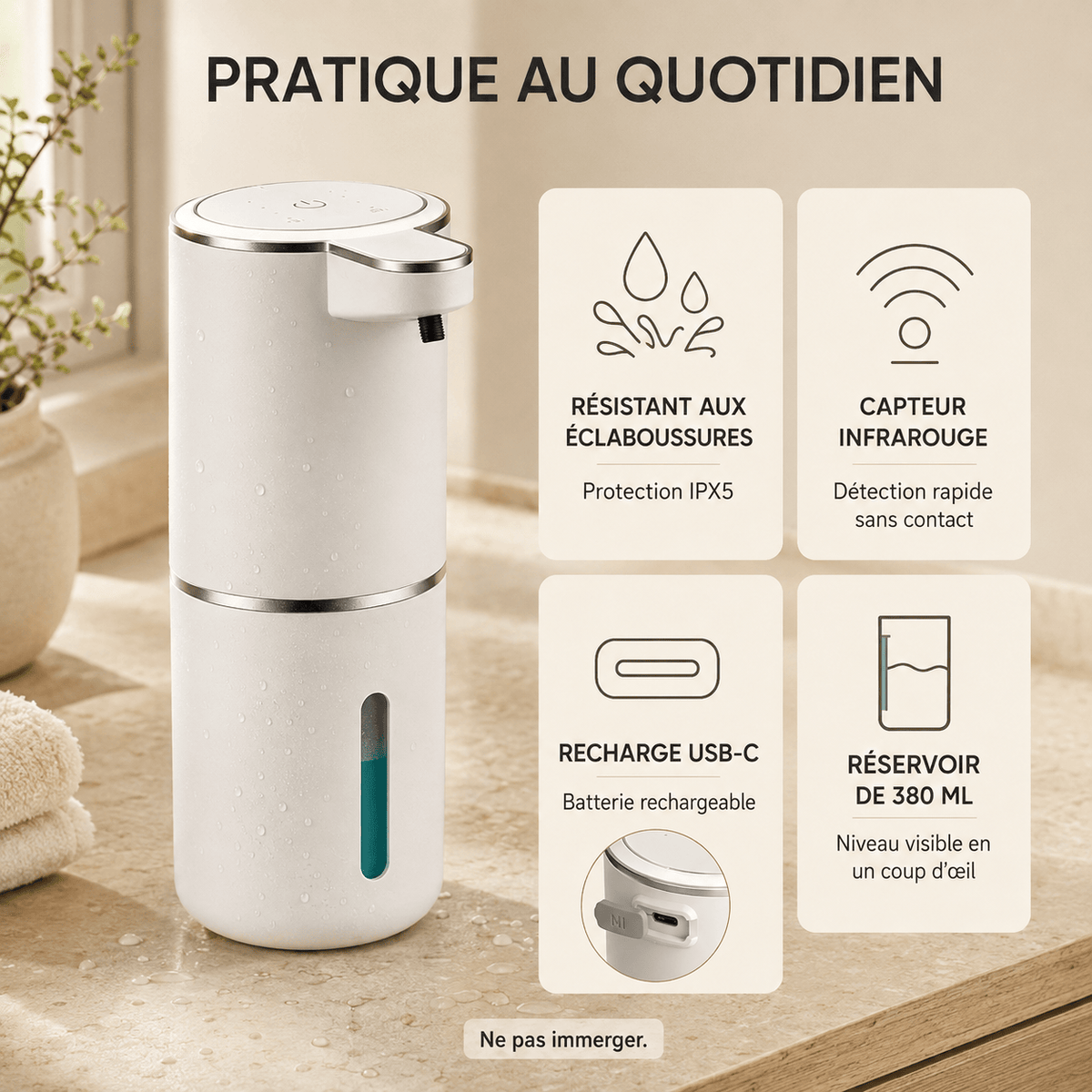 Distributeur automatique de savon liquide blanc rechargeable – 380 ml