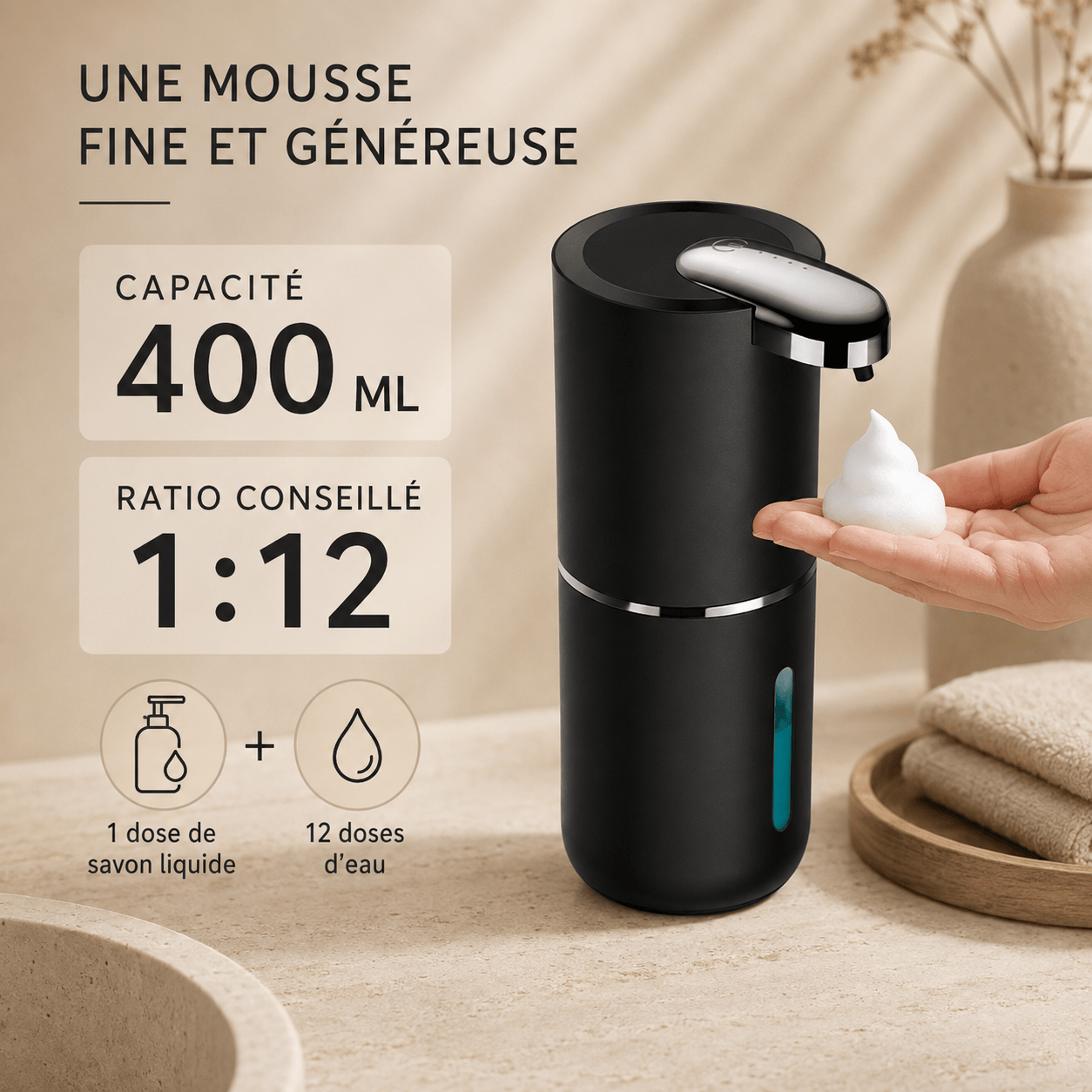 Distributeur automatique de savon mousse noir rechargeable – 400 ml