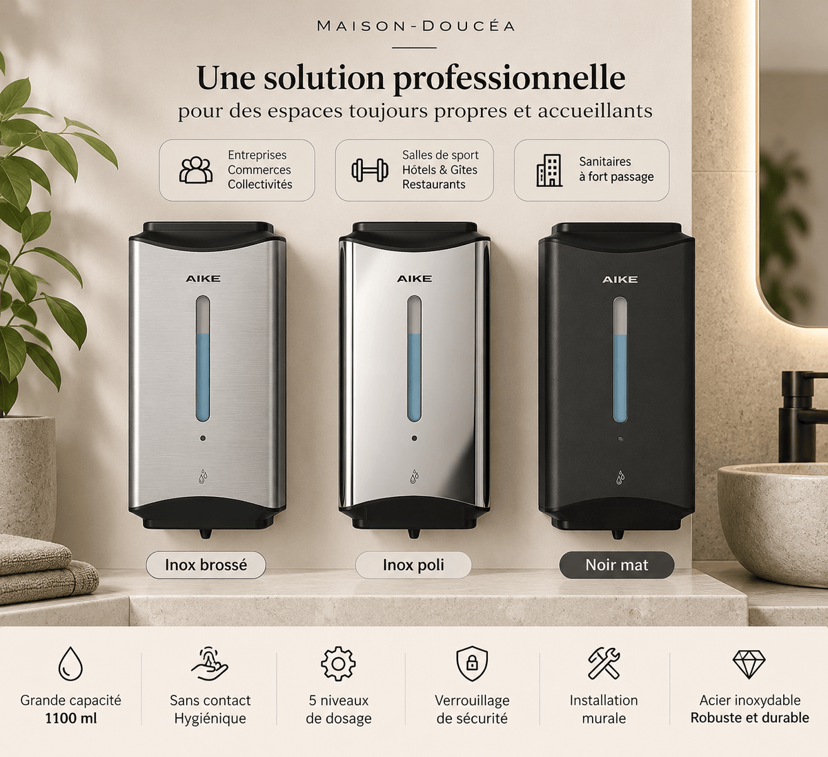 Distributeur de Savon Automatique Mural Inox 1100 ml – Professionnel