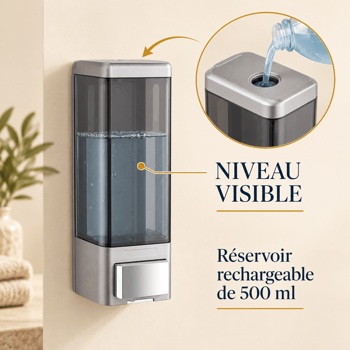 Distributeur de savon liquide mural manuel pro 500 ml – Blanc, Argenté ou Champagne