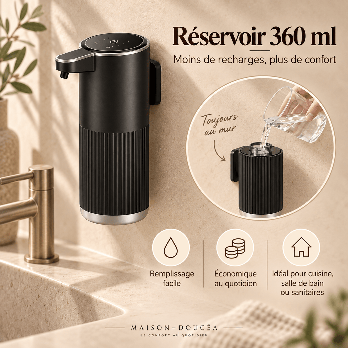 Distributeur de Savon Mousse Automatique Mural 360 ml – Noir
