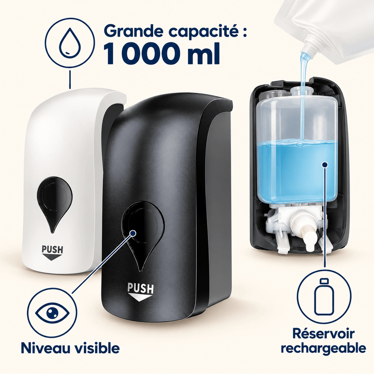 Distributeur de savon mousse mural manuel 1 000 ml – Blanc ou Noir