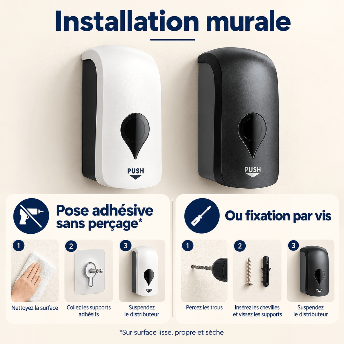 Distributeur de savon mousse mural manuel 1 000 ml – Blanc ou Noir