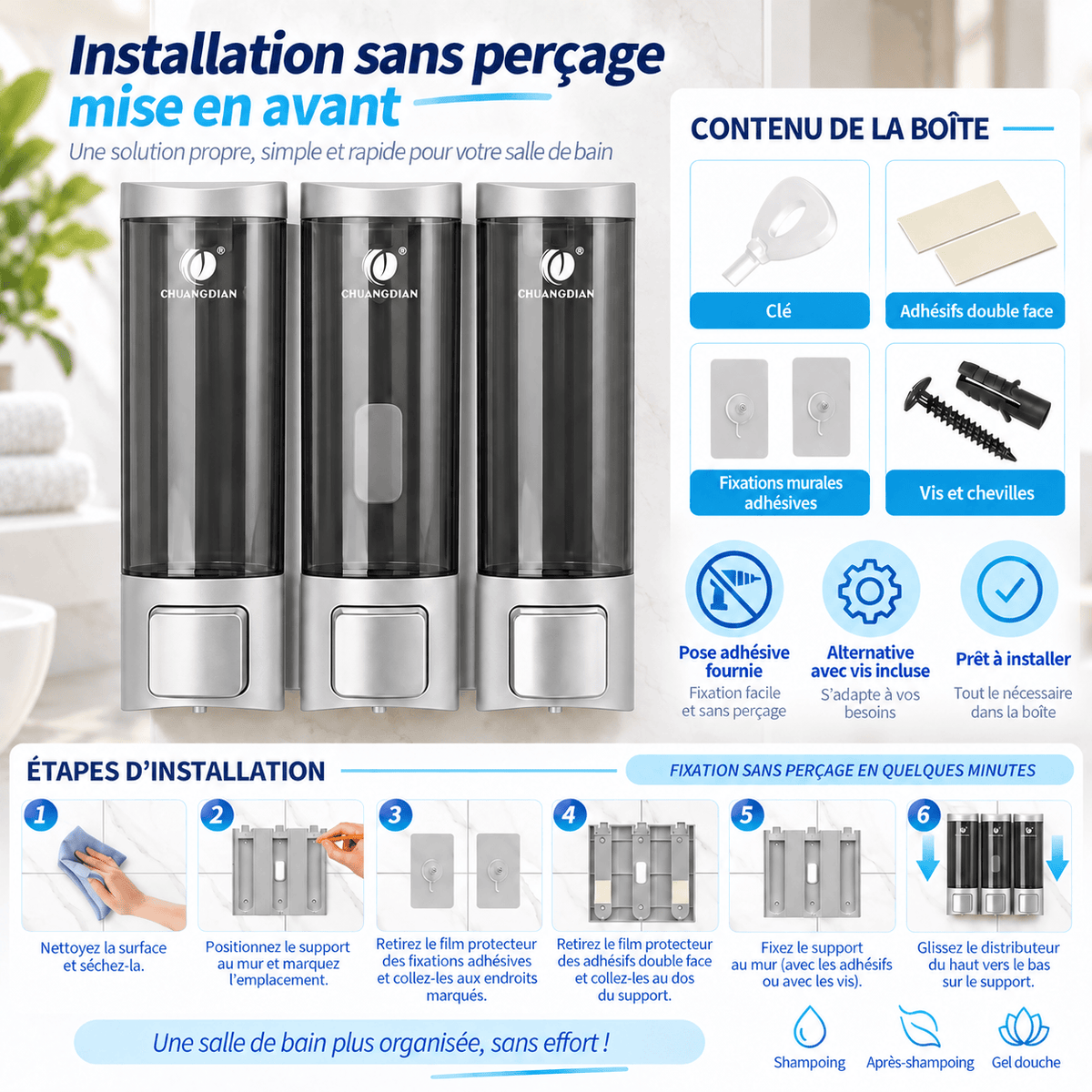 Distributeur de savon mural argenté sans perçage