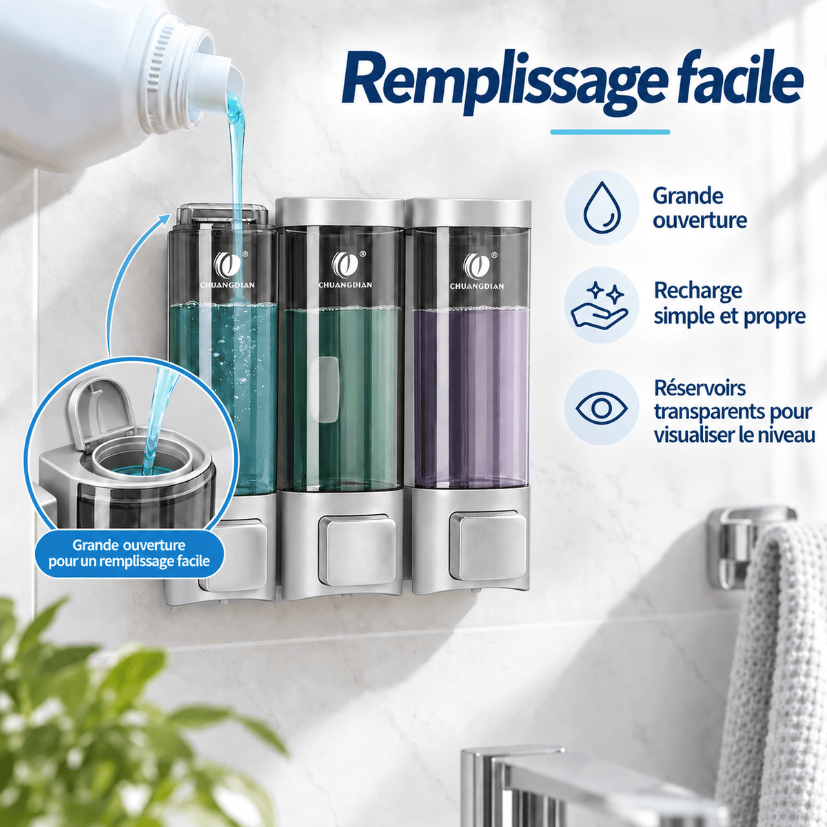 Distributeur de savon mural argenté sans perçage