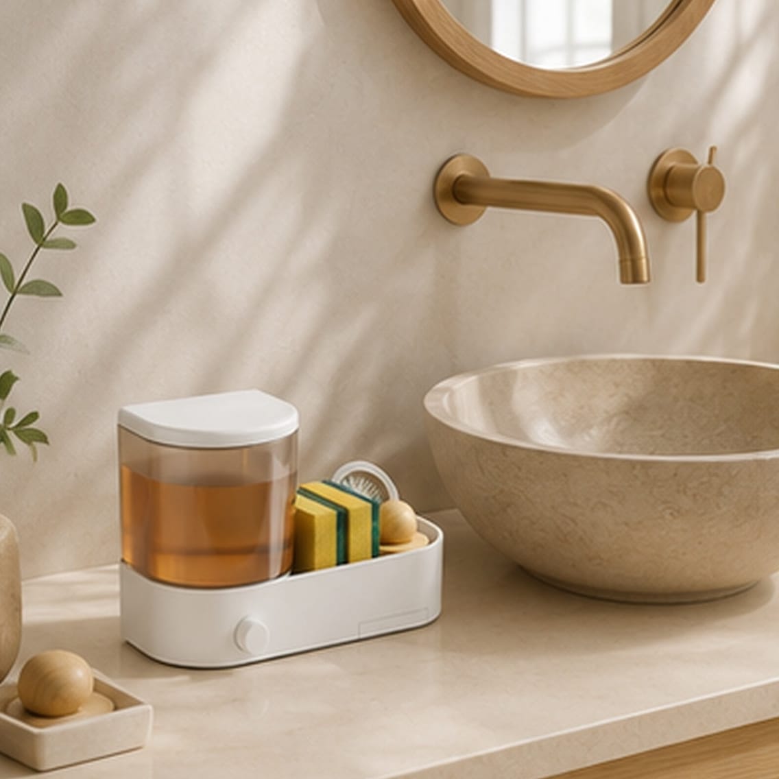 Distributeur de savon Mural Blanc avec Porte Éponge