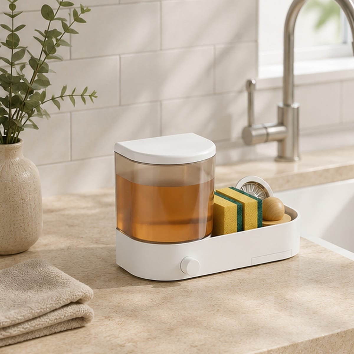 Distributeur de savon Mural Blanc avec Porte Éponge