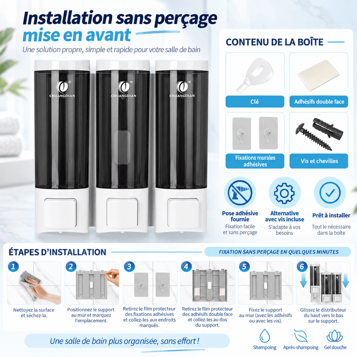 Distributeur de Savon Mural Blanc Sans Perçage