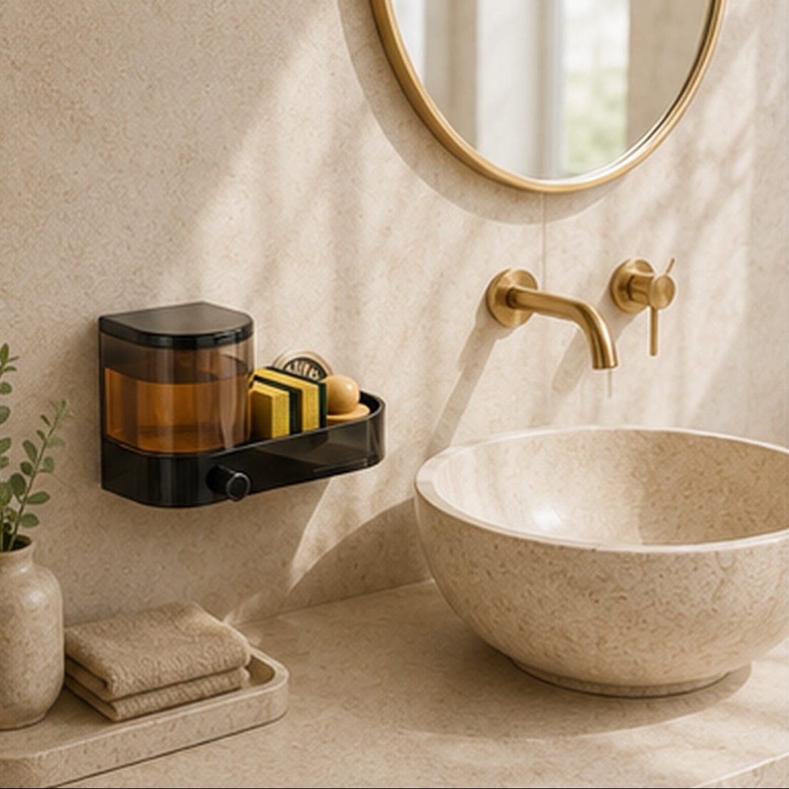 Distributeur de  Savon Mural Noir avec Porte Éponge