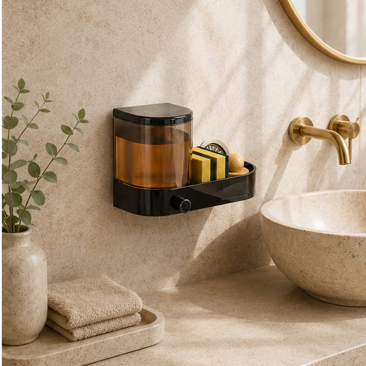 Distributeur de  Savon Mural Noir avec Porte Éponge