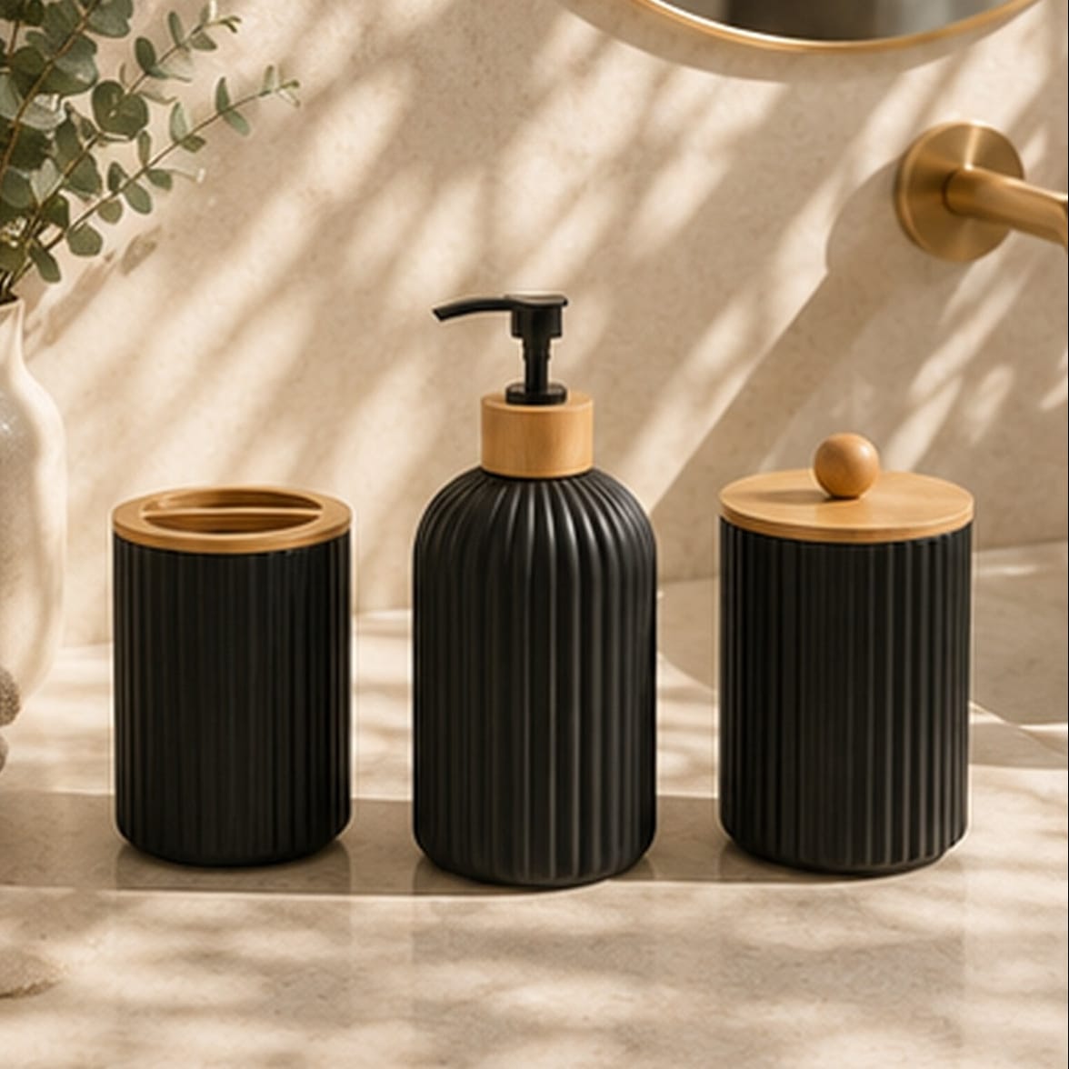 Distributeur de Savon, Porte Brosse à Dents et Porte Coton-tige Noir