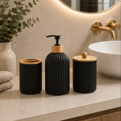 Distributeur de Savon, Porte Brosse à Dents et Porte Coton-tige Noir