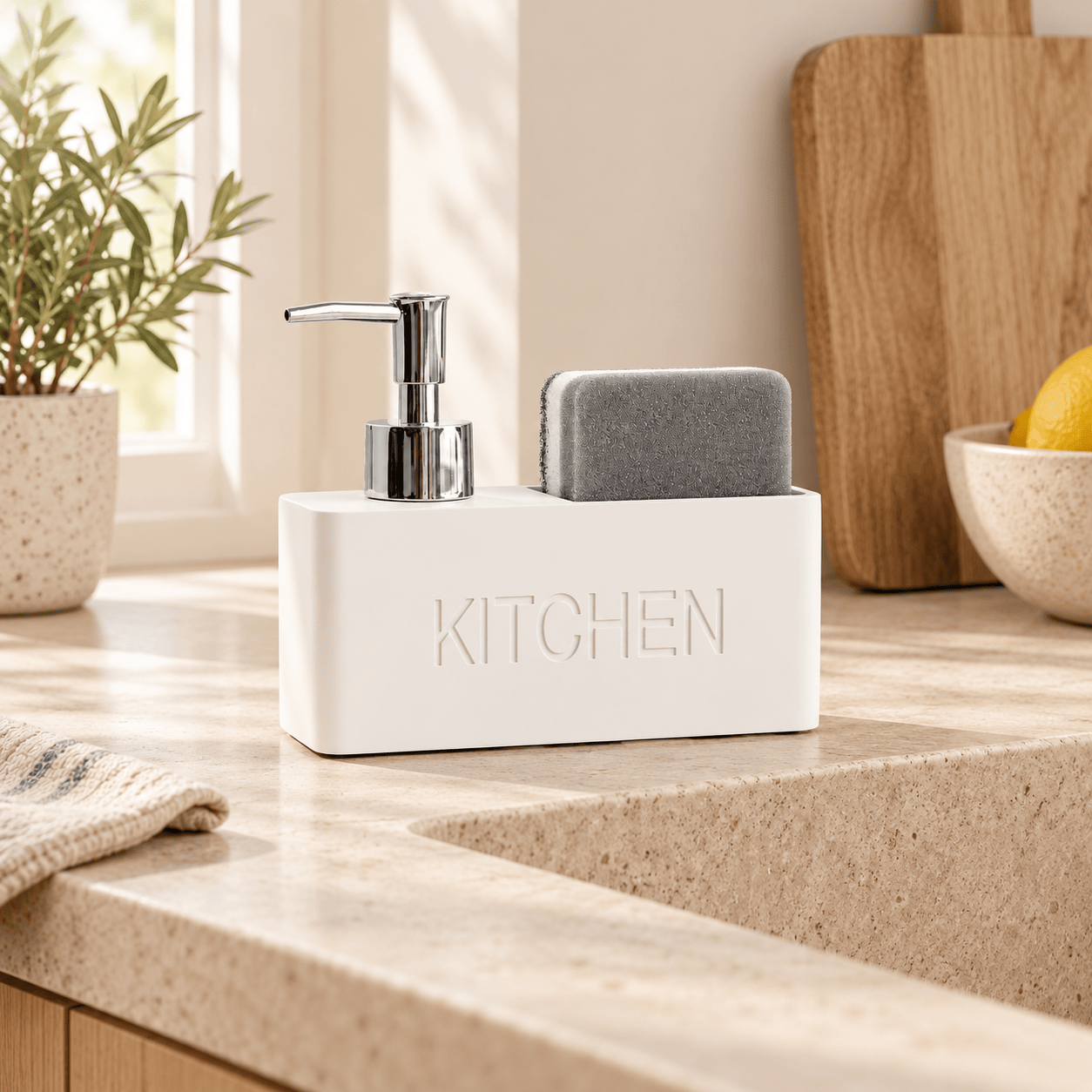 Distributeur de Savon & Porte-Éponge Blanc