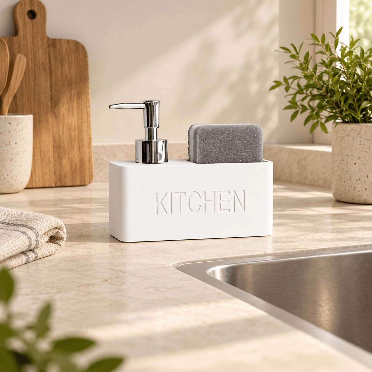 Distributeur de Savon & Porte-Éponge Blanc