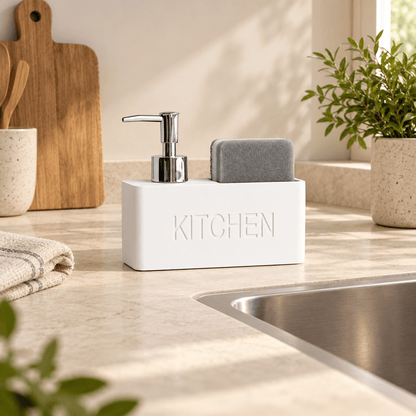 Distributeur de Savon & Porte-Éponge Blanc