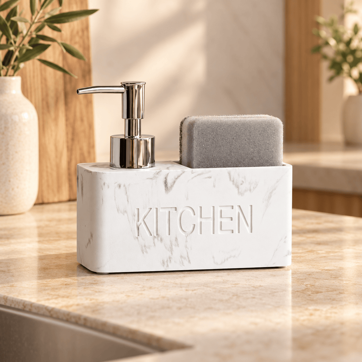 Distributeur de Savon & Porte-Éponge Effet Marbre