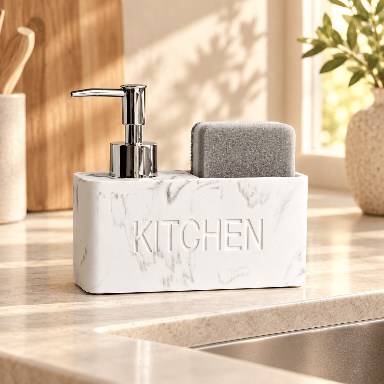 Distributeur de Savon & Porte-Éponge Effet Marbre