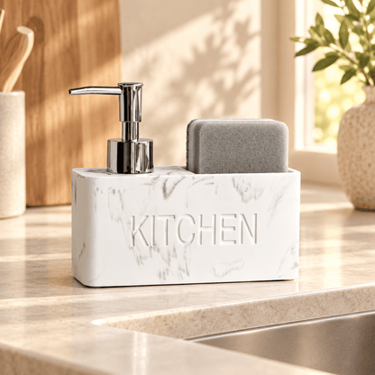 Distributeur de Savon & Porte-Éponge Effet Marbre