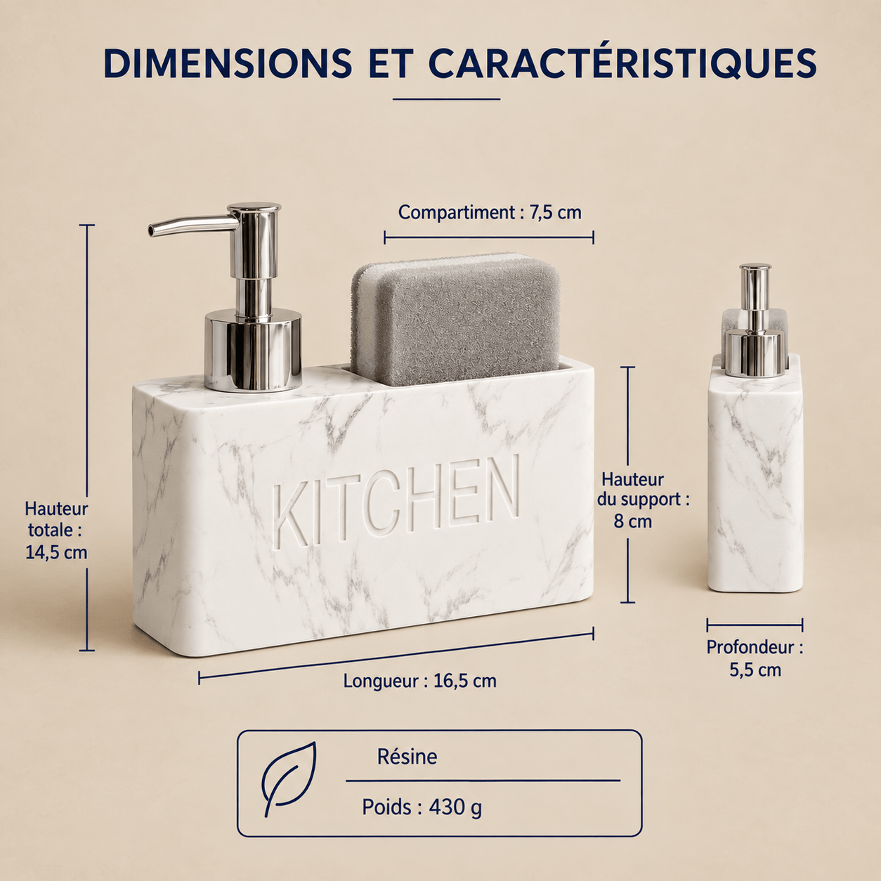 Distributeur de Savon & Porte-Éponge Effet Marbre