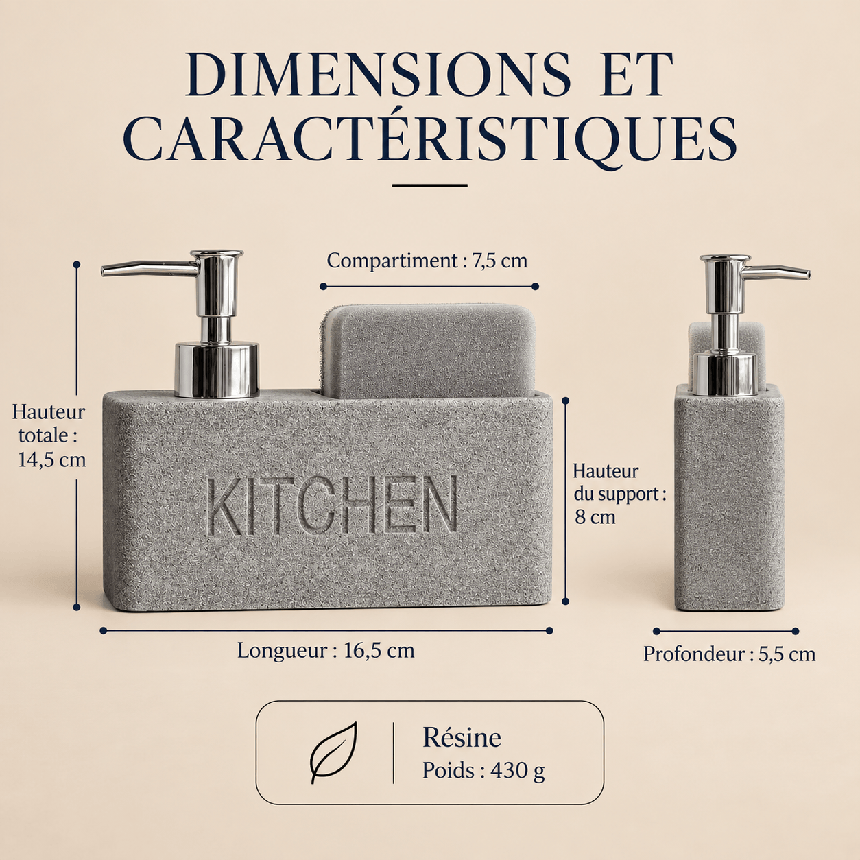 Distributeur de Savon & Porte-Éponge Gris Minéral