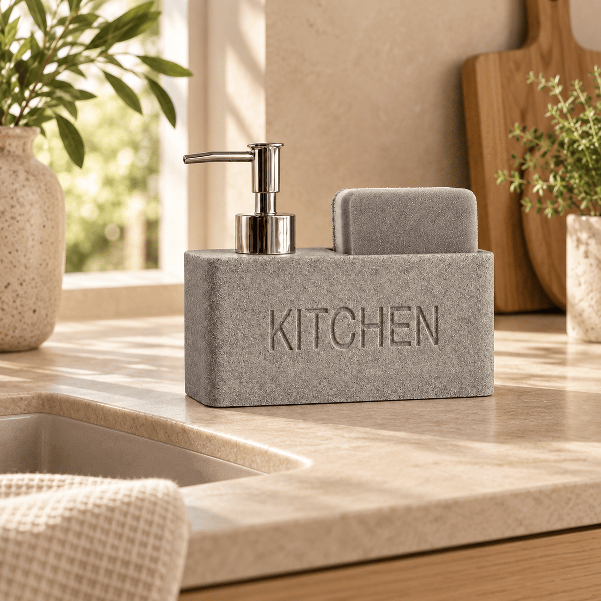 Distributeur de Savon & Porte-Éponge Gris Minéral