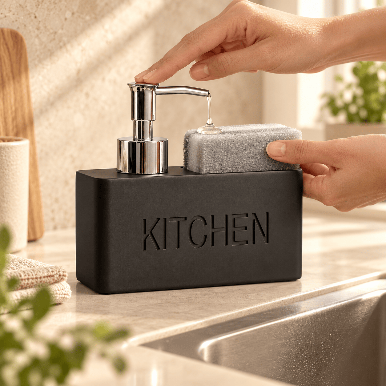 Distributeur de Savon & Porte-Éponge Noir Mat