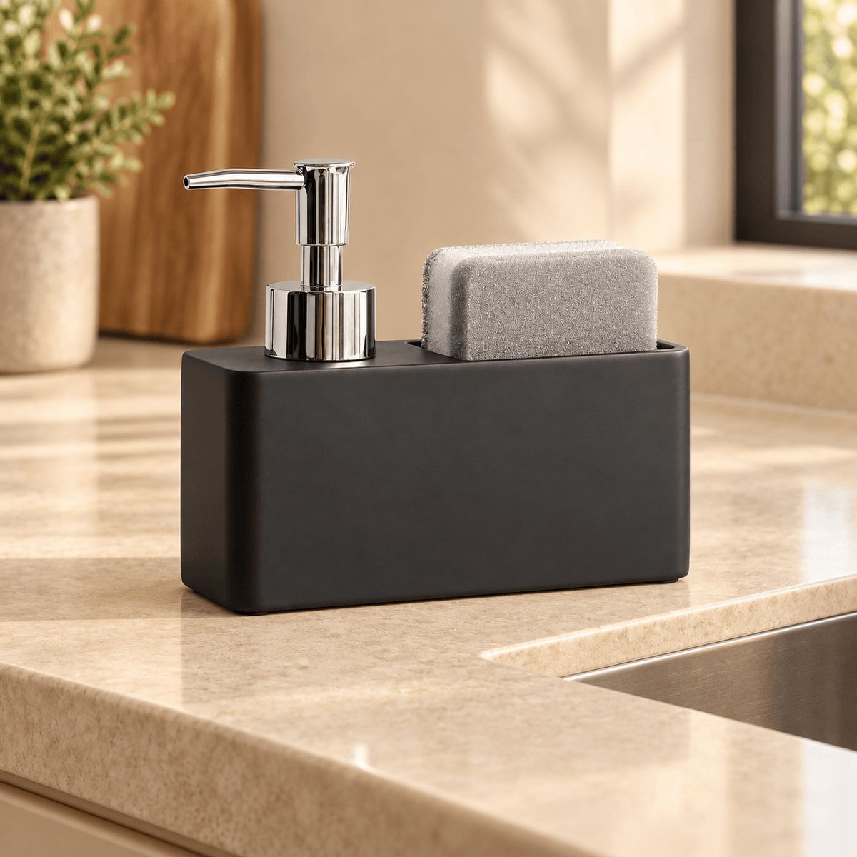Distributeur de Savon & Porte-Éponge Noir Mat