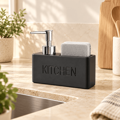 Distributeur de Savon & Porte-Éponge Noir Mat