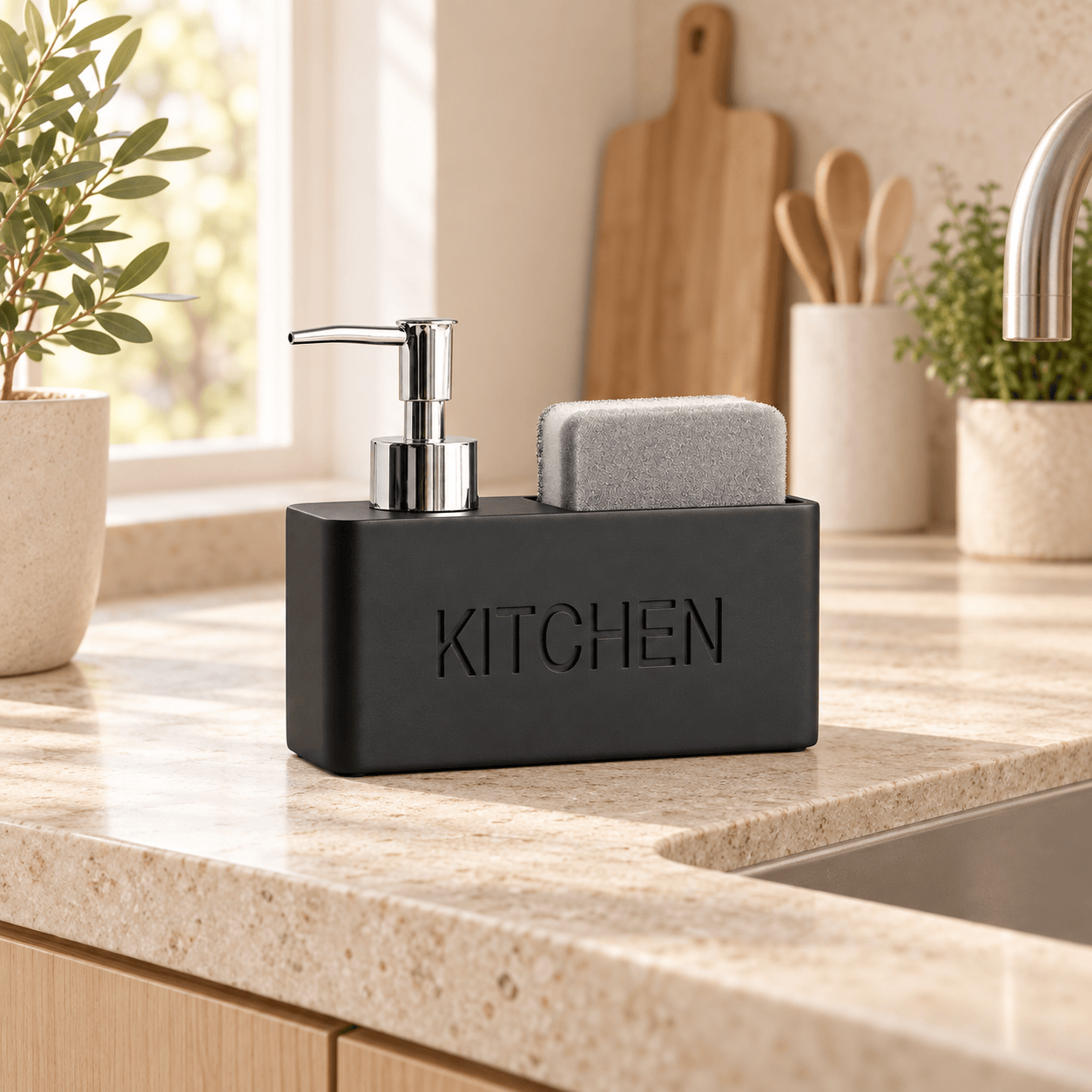 Distributeur de Savon & Porte-Éponge Noir Mat