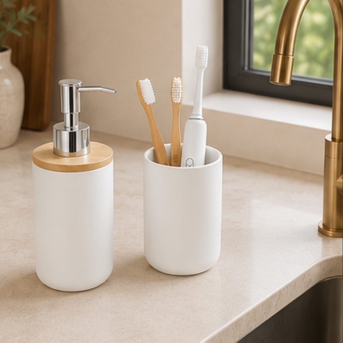Distributeur de Savon & Son Porte Brosse à Dents - Blanc et Bambou