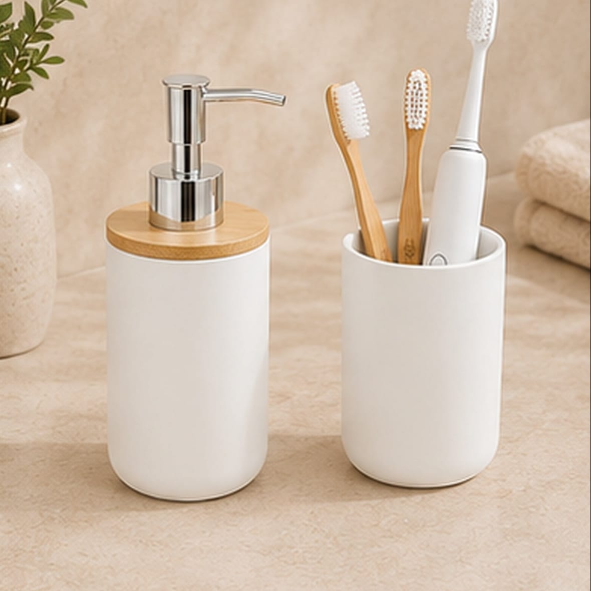 Distributeur de Savon & Son Porte Brosse à Dents - Blanc et Bambou