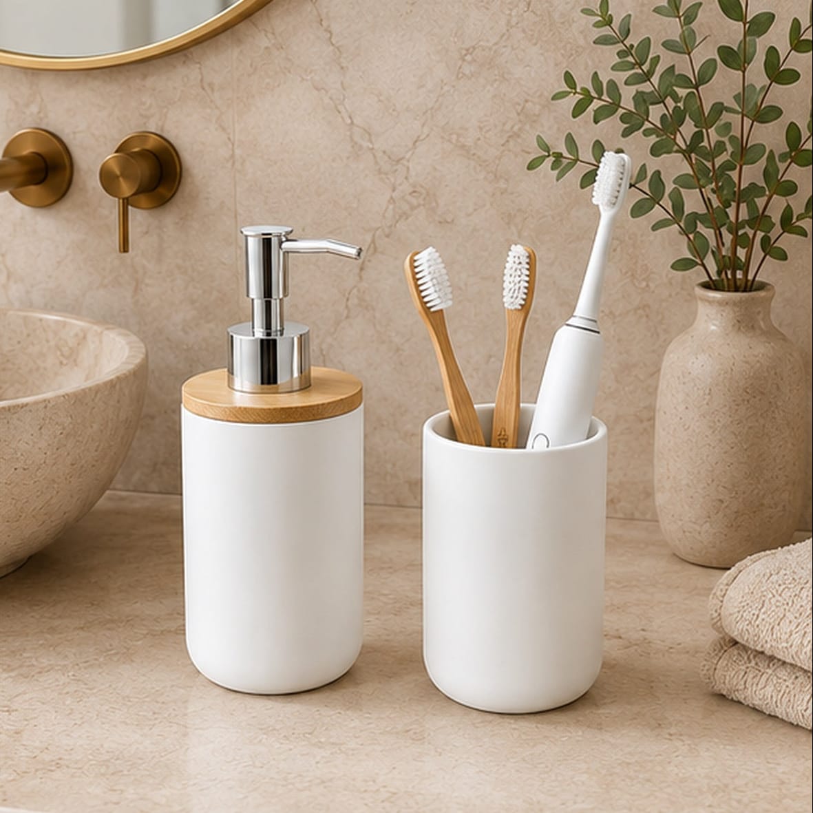 Distributeur de Savon & Son Porte Brosse à Dents - Blanc et Bambou