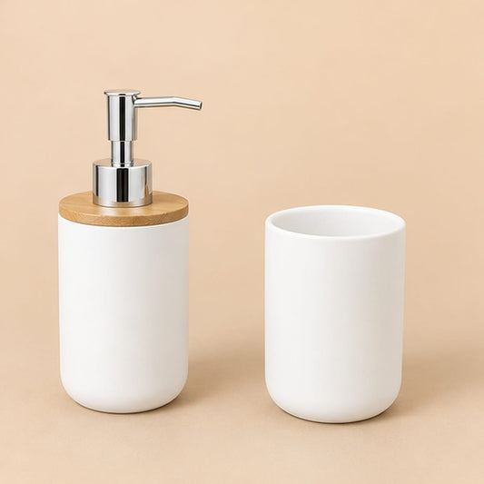 Distributeur de Savon & Son Porte Brosse à Dents - Blanc et Bambou