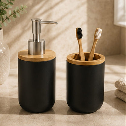 Distributeur de Savon & Son Porte Brosse à Dents - Noir et Bambou