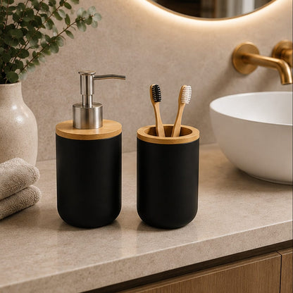 Distributeur de Savon & Son Porte Brosse à Dents - Noir et Bambou