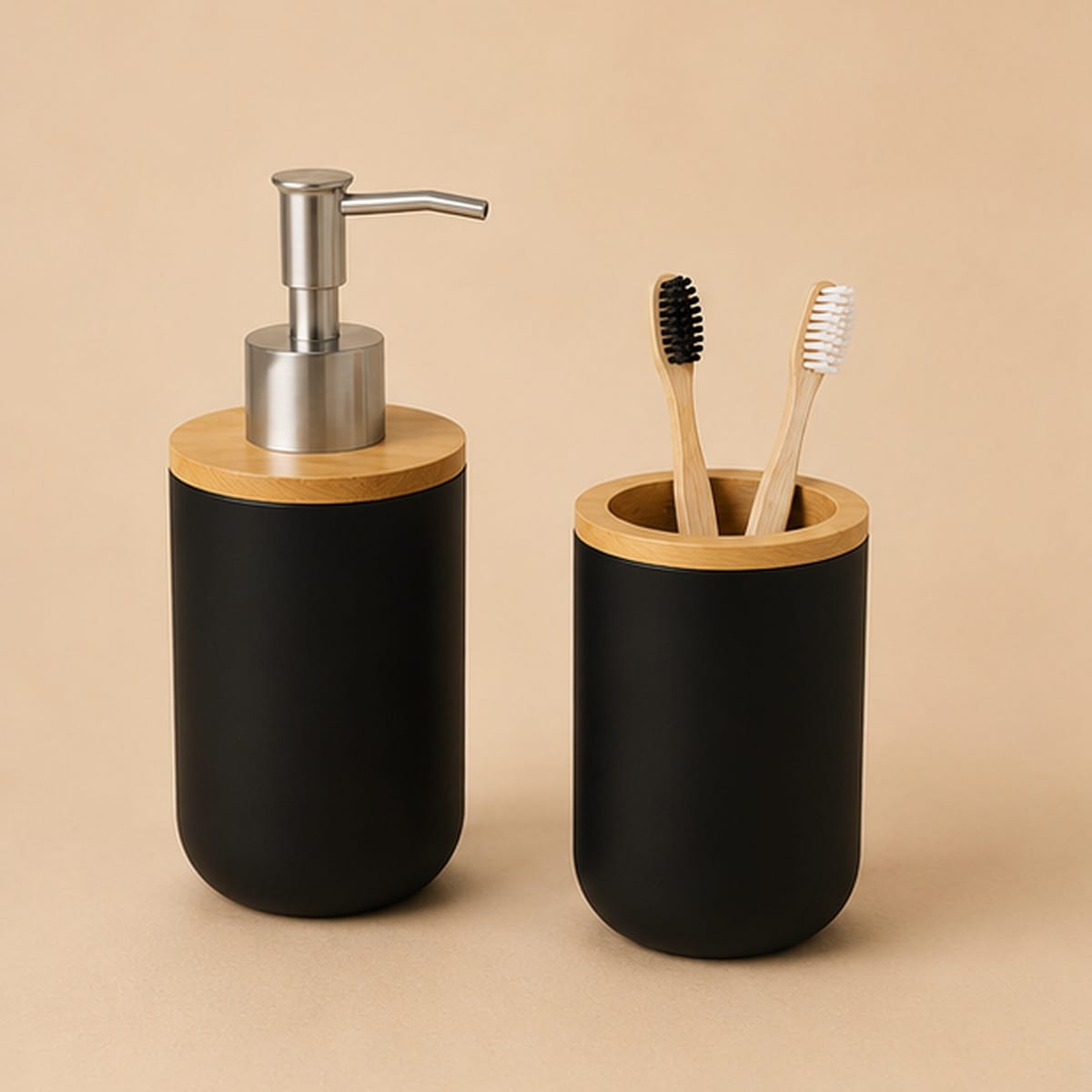 Distributeur de Savon & Son Porte Brosse à Dents - Noir et Bambou