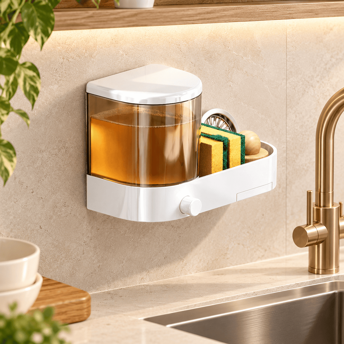 Distributeur mural de liquide vaisselle, porte-éponges – Sans perçage