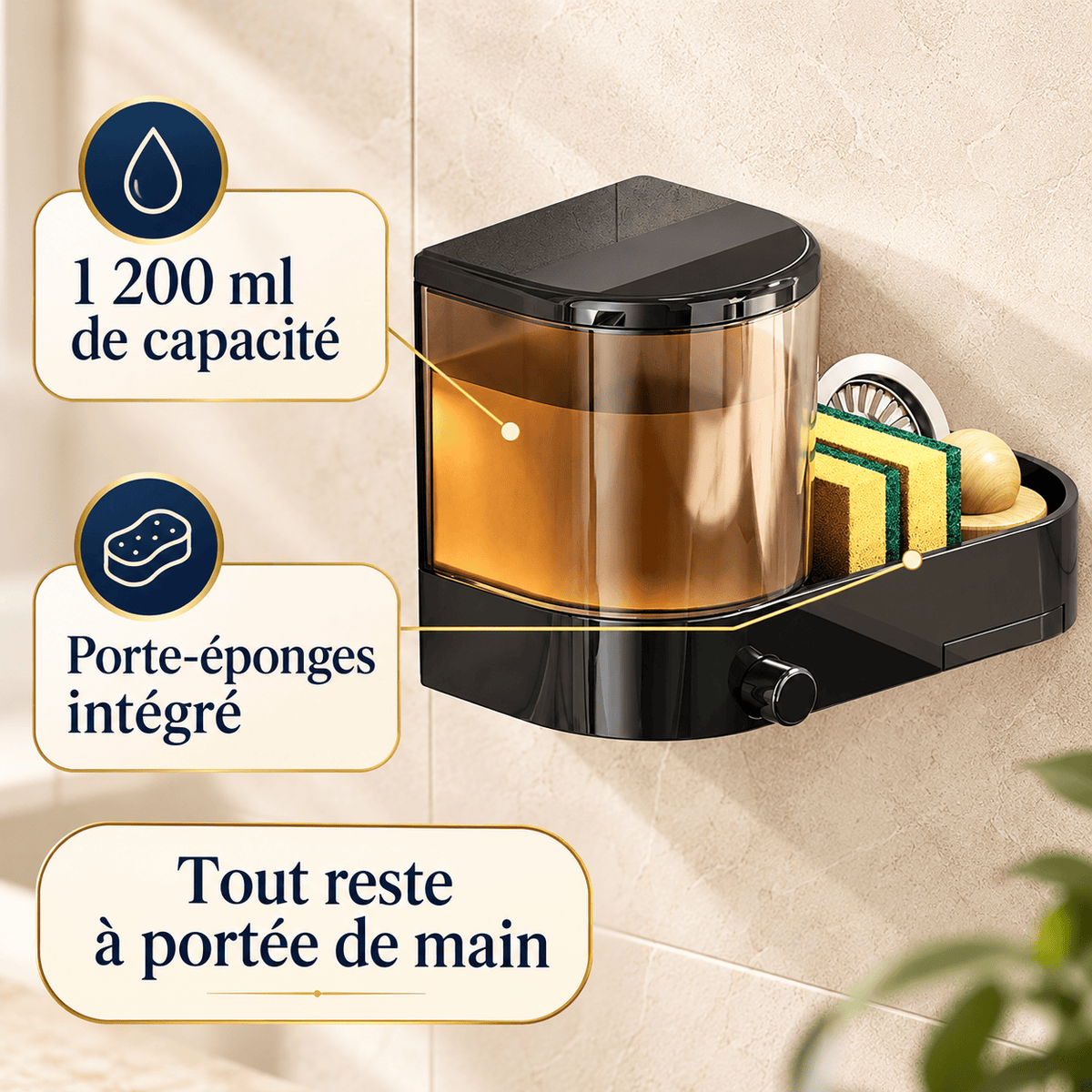 Distributeur mural de liquide vaisselle, porte-éponges – Sans perçage
