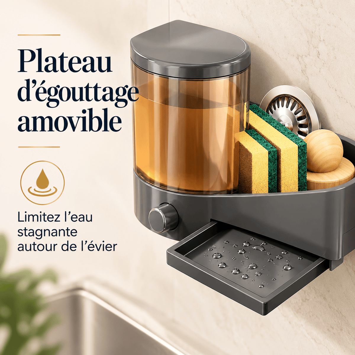 Distributeur mural de liquide vaisselle, porte-éponges – Sans perçage